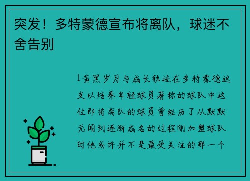 突发！多特蒙德宣布将离队，球迷不舍告别